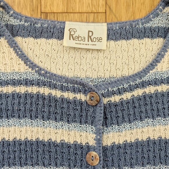 VTG 90s Y2K Blue & Cream White Striped Knit Long-Sleeve Oversized Cardigan - Picture 4 of 5